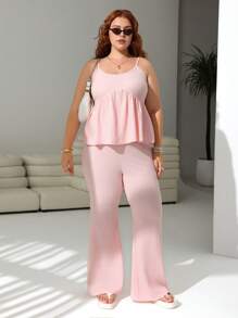 SHEIN EZwear 大码休闲家居服、简约吊带背心和修身两件套 - 淺粉色 - 查看 3