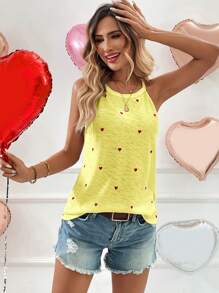 SHEIN LUNE Spring V-Neck Heart Print Camisole Top For Women, Ideal For Valentine's Day - Yellow - View 5