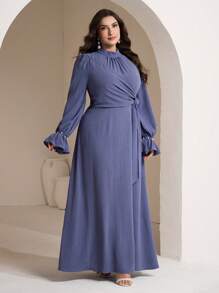 Veilorie Women Plus Size Solid Color Ruched Puff Sleeve Knot Waist Elegant Dress - Blue - View 3