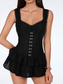 TRNVIE Striped Sleeveless Layered Super Short Mini Jumpsuit, Spring/Summer - Black - View 4