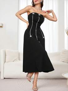 Modelyn Elegant Classic Plus Size Embroidered Form-Fitting Dress With Fishtail Hem - Black - View 8
