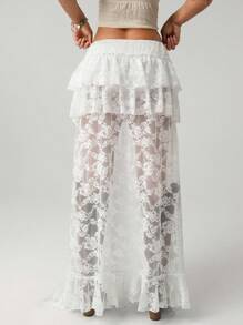 SHEIN ICON 嬉皮牛仔90年代超低腰蕾丝分层迷你前长后长裙