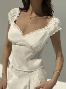 Aloruh Women Casual Solid Color Lace Trim Blouse, Summer
