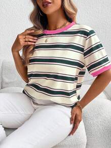 Calvaya Plus Size Colorblock Short Sleeve Striped Graphic Print Casual T-Shirt - Multicolor - View 4