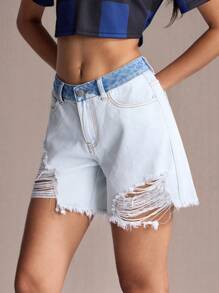 SHEIN EZwear Pantalones cortos de mezclilla rasgados con cintura de contraste de color para mujer, informal de verano