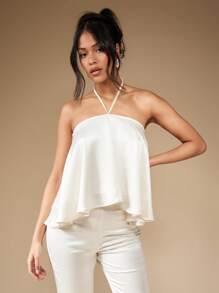 MISSGUIDED Elegant Halter Neckline A-Line Wedding Resort Flowy Occasion Bridesmaid Reception Bridal Draped Evening Gathering Garment