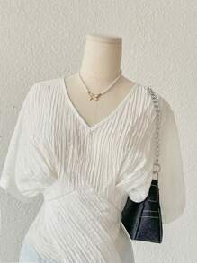 GlowEve 女士时尚办公室/休闲不对称白色短袖圆领衬衫