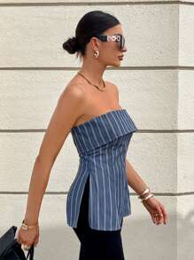 SHEIN Essnce Damer sommar Casual Randig sido slits Tube Top - Blå - Visa 4