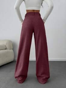 SHEIN Tall Women Solid Color High Waist Wide Leg Pants - Burgundy - View 2