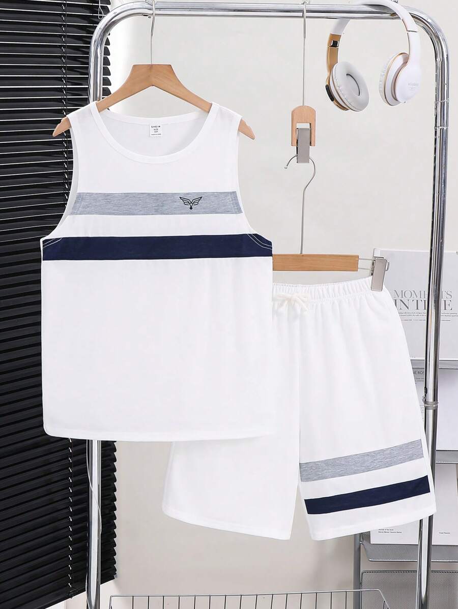 SHEIN 2 Packs Tween Boy Casual Sports College Artistic Style Retro With Small Patterns And Multi-Color Stitching White Round Neck Vest And White Shorts Set Suitable For Kids Outfits Toddler Boy Clothes Back To School Boys Set Suitable For Birthday Parties, Evening Parties, Performances, Weddings, Baptisms, Opening Ceremonies Daily Suitable For Daily Use Suitable For School Suitable For Travel Suitable For Sports Suitable For Spring And Summer Seasons - White - View 1