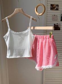 Comfortcana Women's Casual Lace Trim Cami Tank Top & Striped Shorts 2pcs Set, Summer - Red - View 2