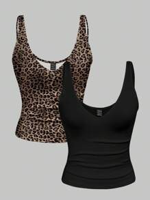 2pcs/Set Women Plus Size Leopard Print & Solid V-Neck Slim Crop Top, Summer - Black - View 1