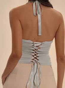 MUSERA 可爱性感浪漫优雅露背深V领超大亮片胸前系带修身吊带背心，适合春季度假、夜店、伊比沙岛外出、节日狂欢、夏季复活节假期等场合。 - 灰色 - 查看 3