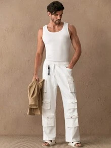 Manfinity ModaGents Pantalones holgados de carga con cordón en la cintura y bolsillos múltiples, para hombres, uso casual en primavera y verano