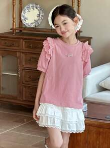 DAZY Camiseta de punto con cuello redondo y aplicación de encaje para niñas preadolescentes, ropa de verano y vuelta al colegio