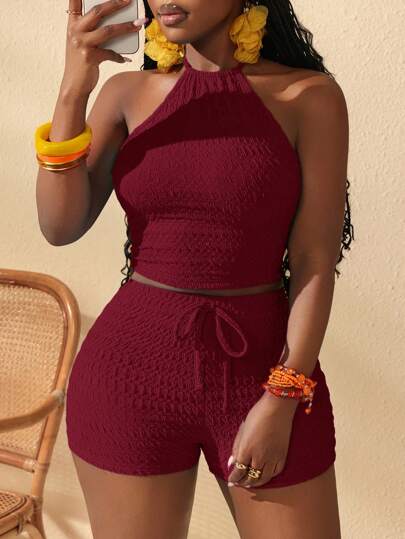 Slaydiva 2025 Summer New Style Birthday Party Back To School Student Wear Daily Street Basic Versatile Leisure Vacation Cruise Travel Beach Seaside Sunbathing Popular Online Style Halter Strap Sexy Backless Tight Cropped Top And Tight Shorts Textured Fabric Wine Red Summer Suit Women's Two-Piece Suit Women Two Piece Sets Shorts Women Vacation Outfit Sets Crochet Short Set