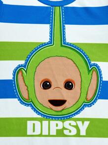 Teletubbies X SHEIN Tuta neonato maschio carina a righe verdi e blu con stampa cartoni animati
