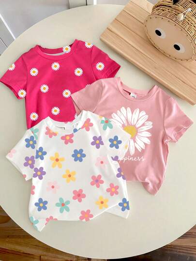SHEIN Playful Pals 女婴休闲花卉印花短袖上衣，夏季