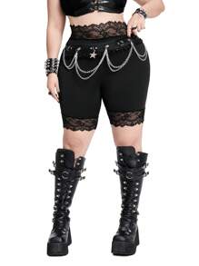 Whyspr Casual Punk Plus Size High Waisted Elastic Solid Color Contrast Lace Leggings - Black - View 4