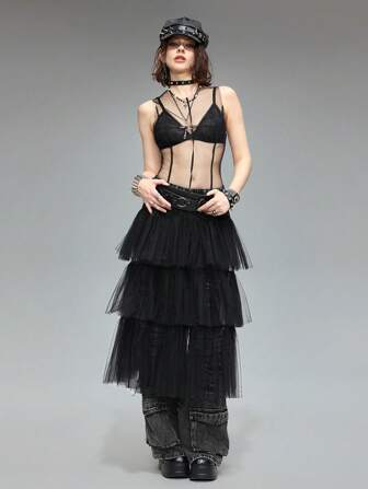 Grunge Punk Vestido midi sin mangas con estilo de calle, con capa de malla y sobrefaldón con volantes