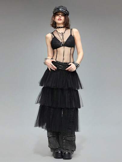 Grunge Punk Vestido midi sin mangas con estilo de calle, con capa de malla y sobrefaldón con volantes