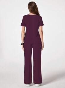 TaskEZ Solid Color Notched Neck Short Sleeve Top And Pocket Long Pants /Care Worker Scrub Uniform Set - Purple - View 2