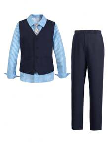 3pcs Teen Boy Gentleman Style Outfit, Fashionable For Summer - Navy Blue - View 3