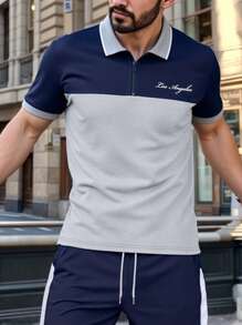 Manfinity Homme Men's Letter Print Color Block Short Sleeve Casual Commuting Polo Shirt - Multicolor - View 1