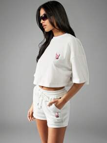 Missguided x Playboy 3D泡泡字母图案运动羊毛休闲抽绳短裤 - 白色 - 查看 5