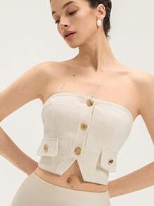 Chiquease Women's Elegant Vintage Fancy Metal Buckle Loose Asymmetric Hem Cropped Tube Top   Old Money Style For Summer Spring Fall Autumn - Beige - View 1