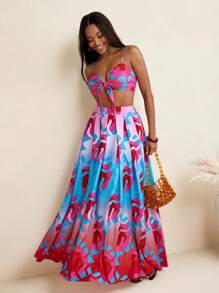 Sire Leo Lamar Abstract Ombre Flower Print Wide Pleated A-Line Maxi Skirt Summer Vacation Holiday - Multicolor - View 1