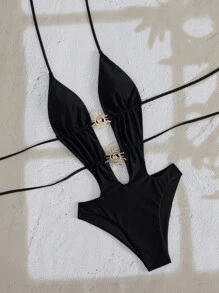 Swim Chiccia Women's Summer Casual Sexy Solid Color Hollow Front Tether One-Piece Swimsuit With Metal Decorations, Suitable For Beach And Travel