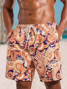 Surfspeed Plus Size Men's Botanical Print Drawstring Waist Beach Shorts - Multicolor - View 4