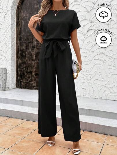 SHEIN Clasi Women's Short Sleeve Bowknot-Up Cotton Linen Jumpsuit, Elegant Loose Flare Leg Casual Romper For Spring & Summer