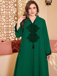 Al Najma Plus Size Elegant Minimalistic Arabic Hooded Long Robe, Modest Kaftan - Dark Green - View 5