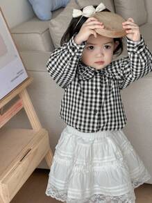 Blusa de manga larga con volantes a cuadros para niños pequeños, linda para el verano - Blanco y Negro - Ver 3