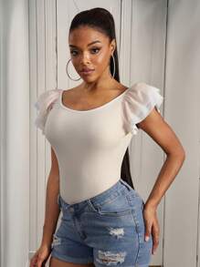 SHEIN SXY Women's Casual Khaki Knitted Bodysuit With Scoop Neck, Short Sleeves, And Tiered Layer Detail - Khaki - View 3