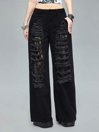 Grunge Punk Jeans rectos de mujer con ajuste relajado, con acabado desgastado y ribete de encaje, estilo Y2K