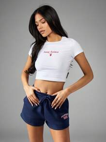 Missguided x Playboy Áo thun crop top tay ngắn in họa tiết logo cho bé Áo thun thể thao mùa hè cơ bản mặc dạo phố tập luyện thể dục thiết yếu - trắng - Xem 3