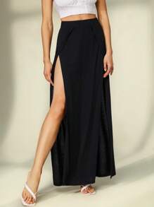 SHEIN Tall Falda negra de verano para mujer con abertura lateral - Negro - Ver 7