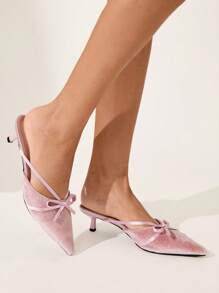CUCCOO CHICEST Women's Elegant Pointed Toe Low Heel Slip-On Mule Shoes, Mini Bow Decor, Luxurious Velvet, Pink, Suitable For Party, Date, Afternoon Tea, Formal Dress Occasion - Pink - View 2