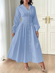 Modelyn Damen Langarm Kleid mit Knopfleiste Einfarbig, elegantes Abendkleid