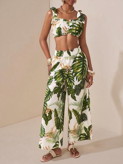Zivah 2025 Summer New Mother's Day Wedding Season Wedding Attend Birthday Party Daily Outing Basic And Versatile Leisure Vacation Cruise Travel Beach Seaside Sunbathing Internet Celebrity Hot Style Street Style Elegant Commuter Business Casual Shoulder Strap Slim Cropped Ladies Top And Straight Pants Leaf Print Green Wooden Button Decoration Summer Suit Ladies Two-Piece Suit