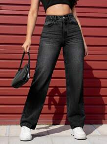 Quần jean ống đứng đơn sắc thường ngày có túi xéo dành cho nữ - màu đen - Xem 4