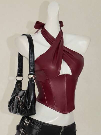 SHEIN ICON Women's Burgundy PU Leather Halter Criss Cross Crop Top: Asymmetrical Hem, Stylish And Edgy Cami For A Night Out
