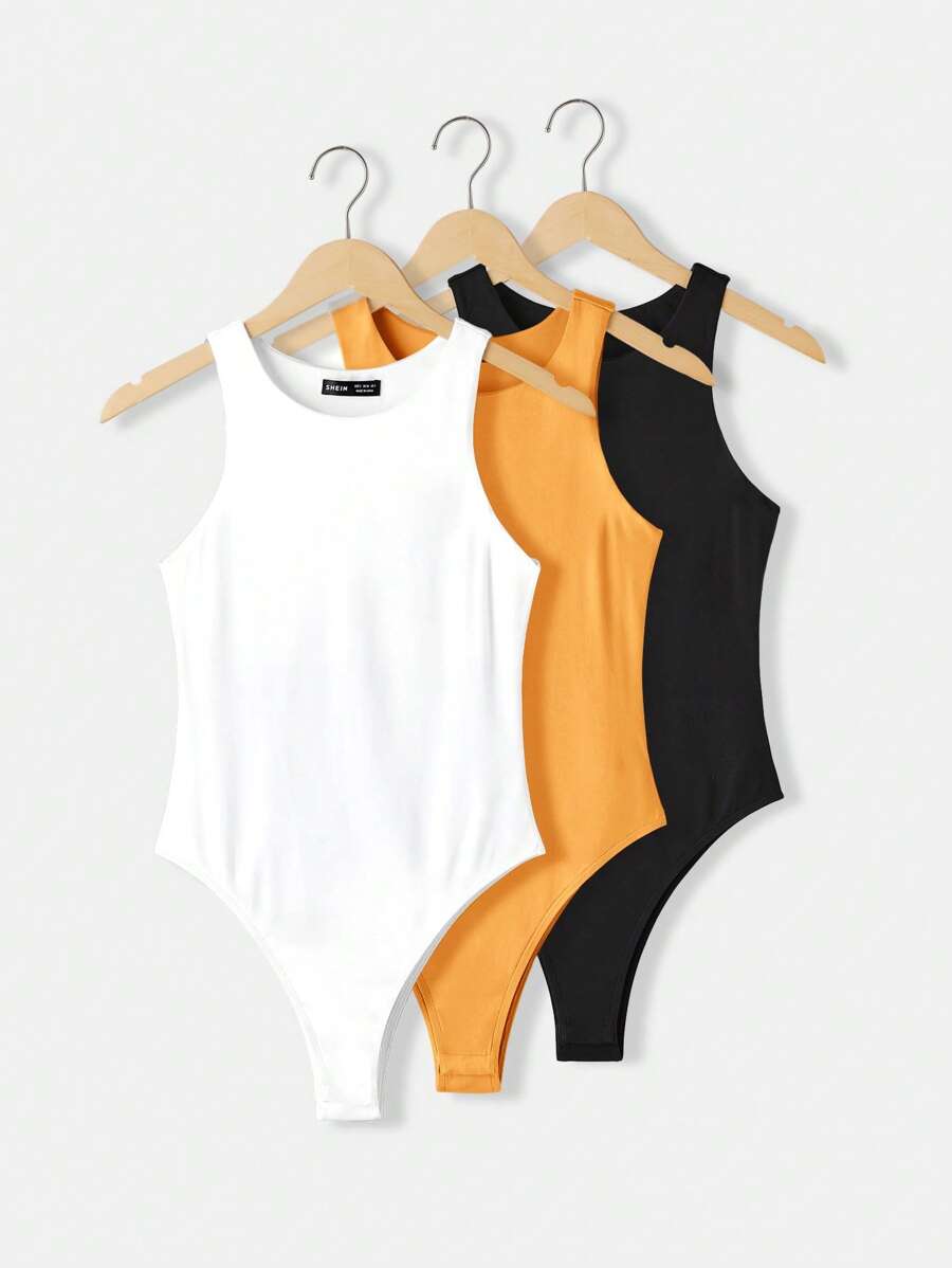 SHEIN BASICS 女式休闲无缝无袖圆领纯色针织连体衣3件套 - 彩色 - 查看 1