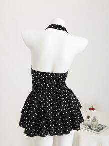 Elamini 黑白波尔卡圆点深 V 领露背修身迷你连衣裙，带荷叶边下摆，波西米亚风度假优雅浪漫性感休闲日常百搭女士夏季 - 黑色 - 查看 2