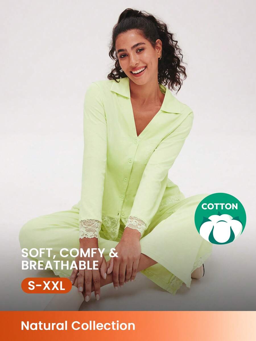 LUVLETTE Soft 100% Pure Cotton Lace Trim Button-Up Top & Pants Loungewear Pajama Set Pants With Pockets Fall Pajamas Clothes,Spring And Summer