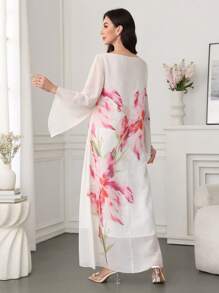SHEIN Najma Elegant Floral Print Flare Sleeve Dress - Apricot - View 5