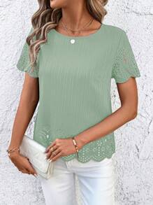 SHEIN Clasi Women's Burnout Round Neck Casual Loose Shirt, Spring/Summer - Mint Green - View 5